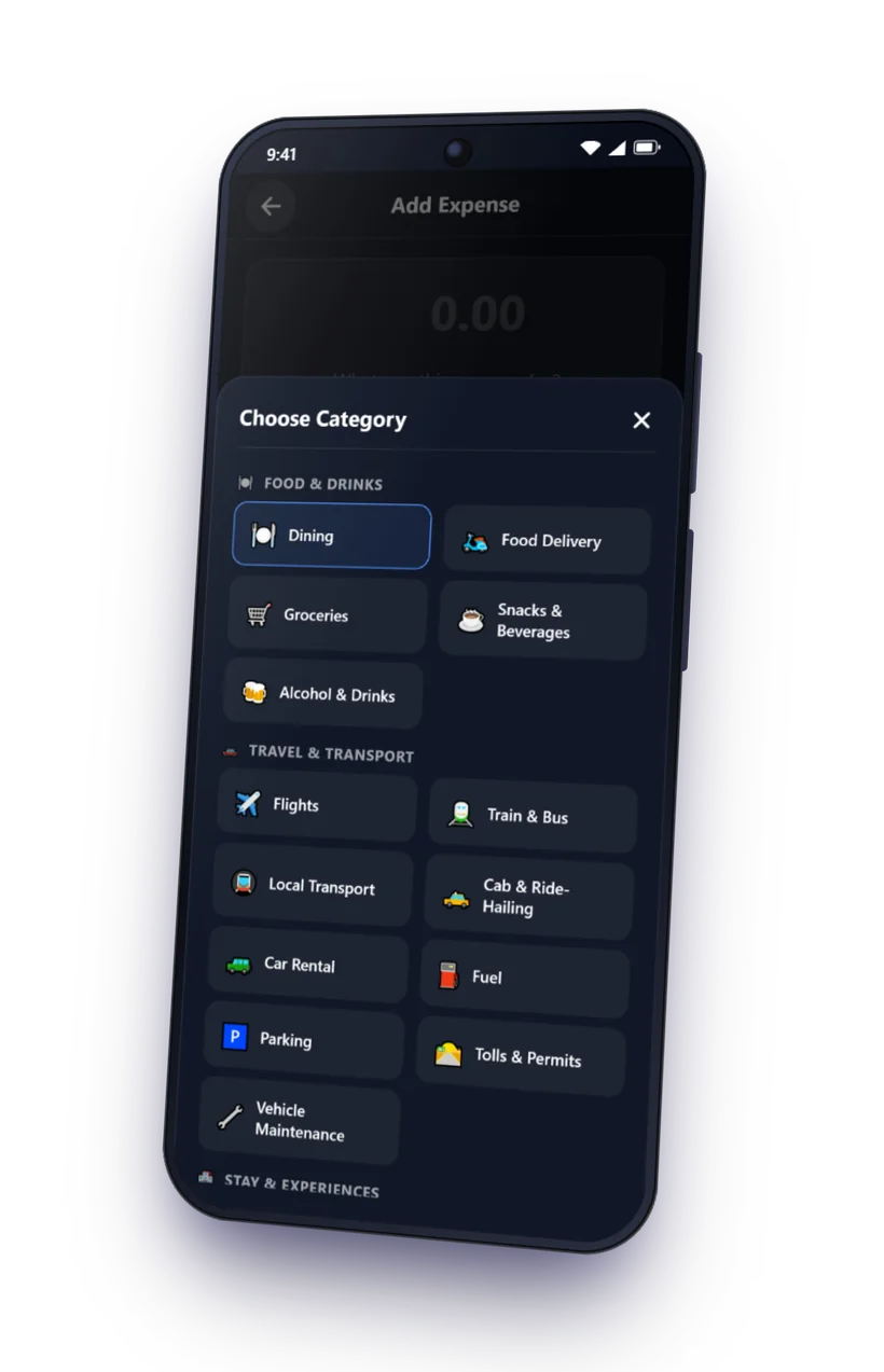 Settlo's category picker grouped into Food & Drinks and Travel & Transport